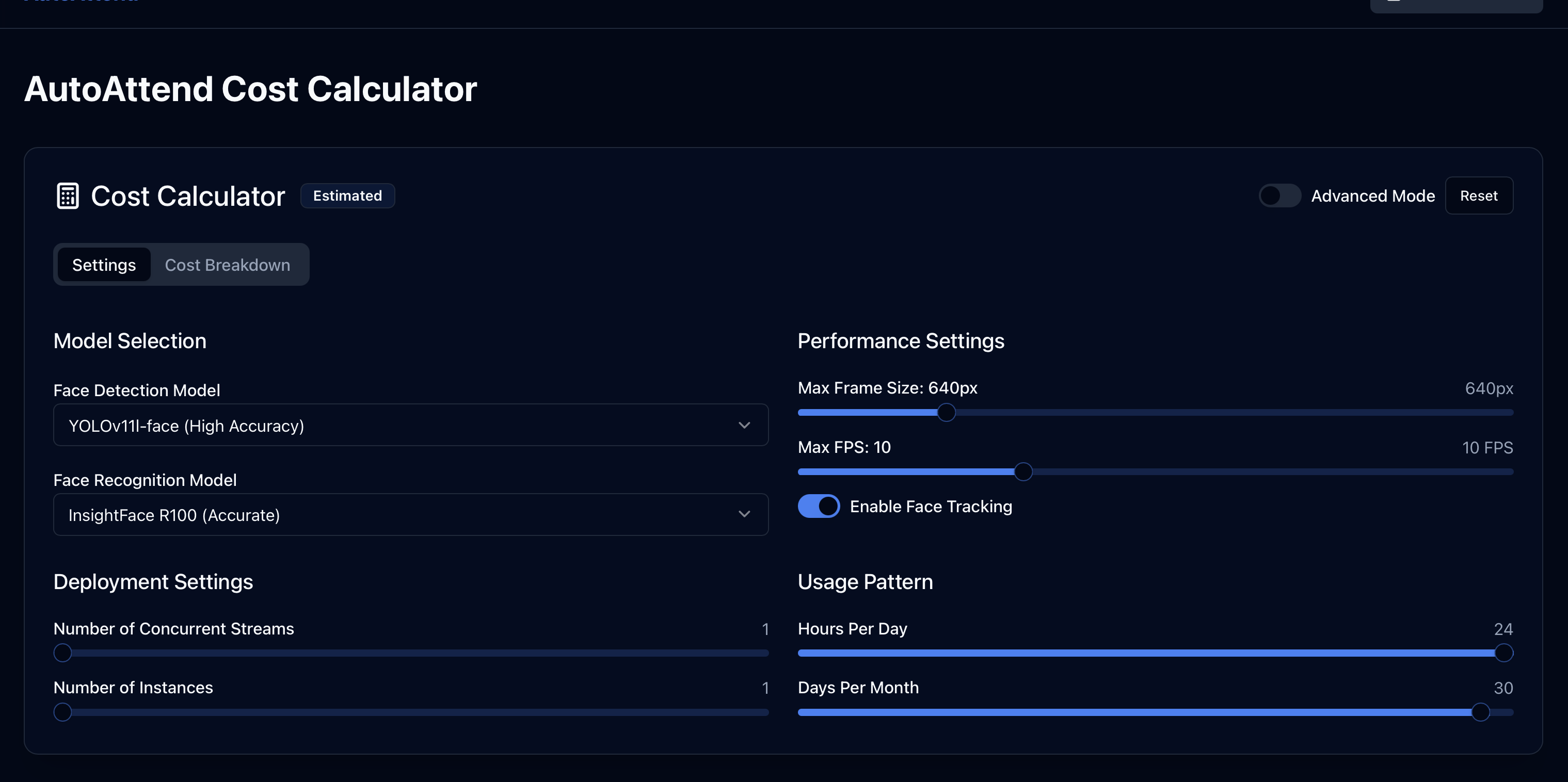 Cost Calculator Interface